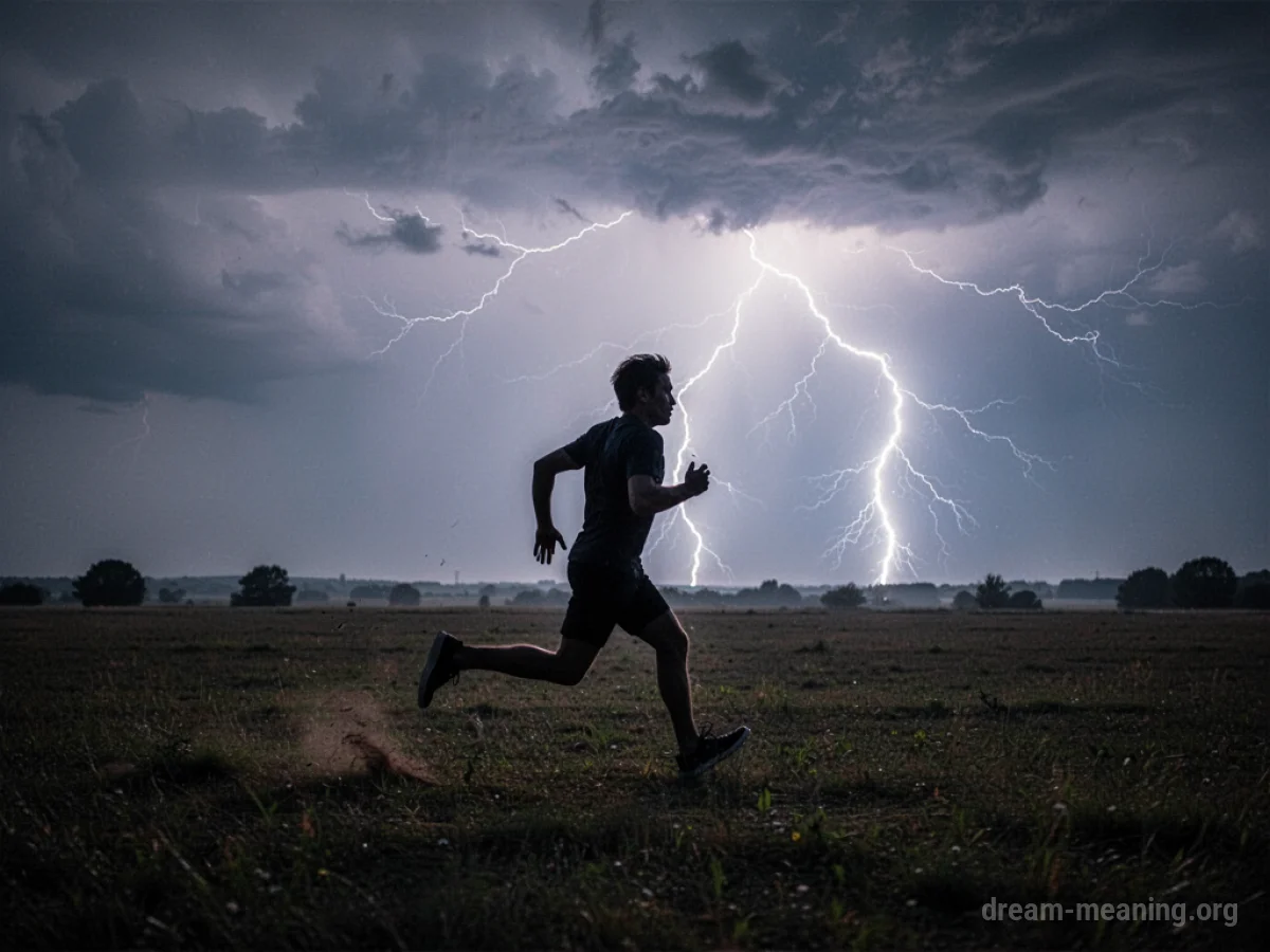 Silhouette of a person running away from a distant lightning strike in a dark sky.