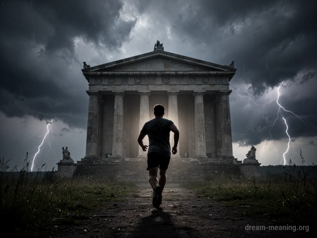 Silhouette of a person running away from a large building.
