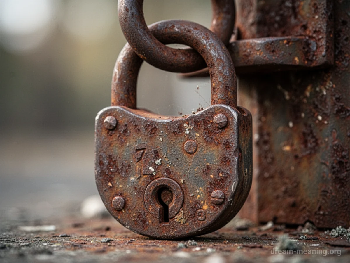 A close-up of a heavily rusted padlock.