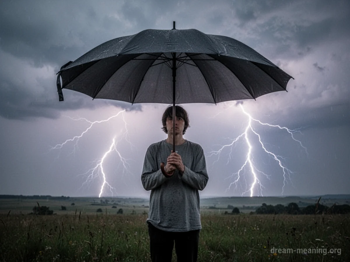 Person holding an umbrella with lightning in the background.