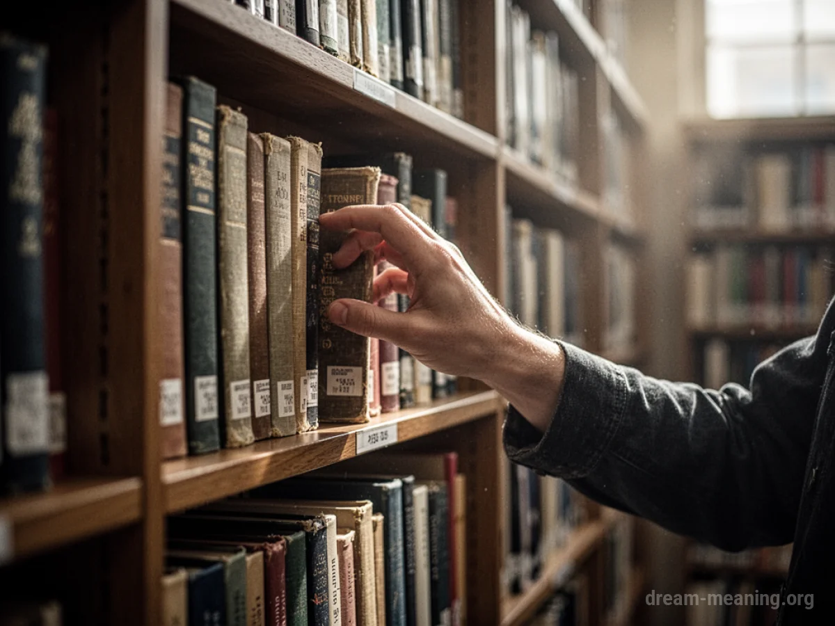 A hand reaching for a book on a library shelf.