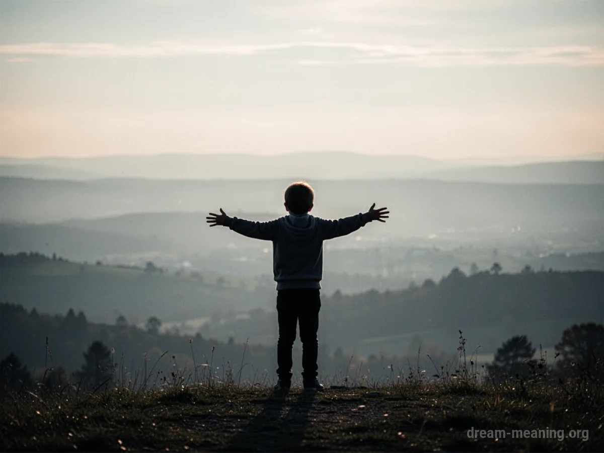 A lone silhouette stands in a wide, blurry landscape, arm extended forward.