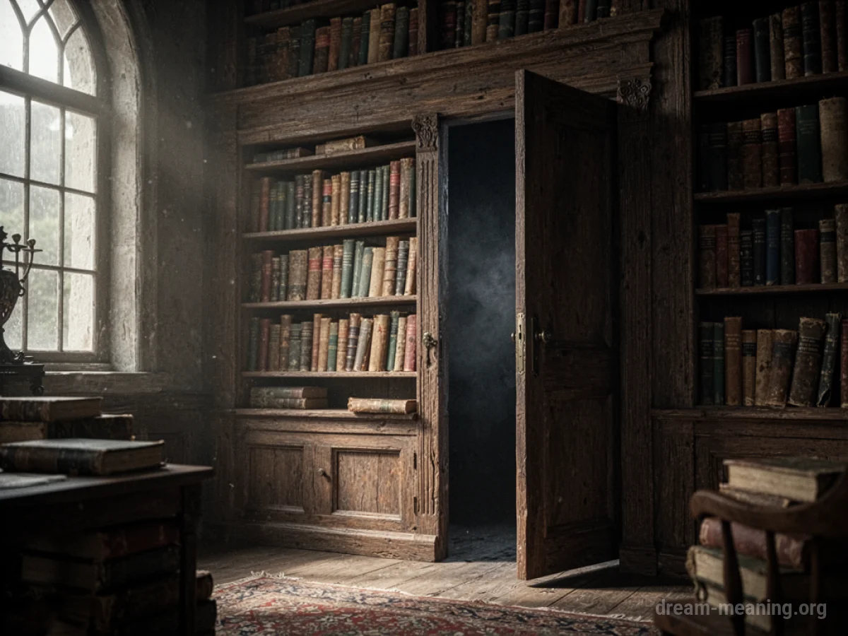 A partially opened bookshelf in a library revealing a dark passage.