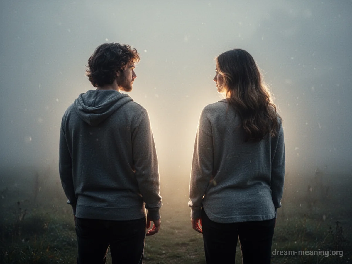 Two figures silhouetted against a gentle light, separated by a short distance.