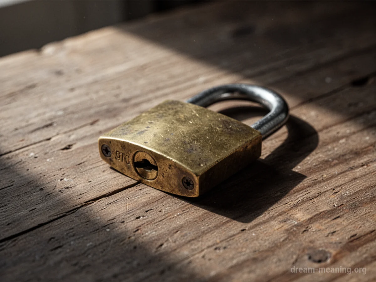 A brass padlock resting on a wooden table.