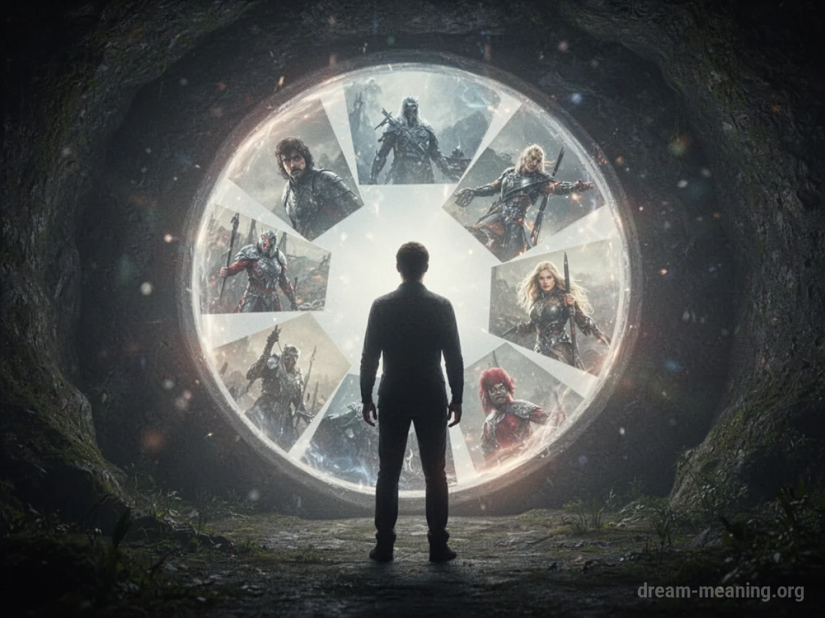 Silhouette of a person facing a glowing portal with faint images.