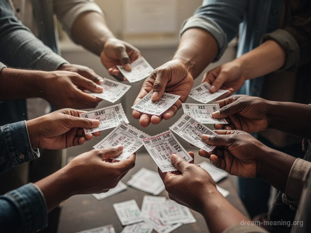 Multiple hands reaching towards a single hand holding lottery tickets.