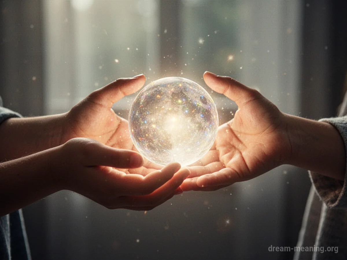 Two hands passing a bright, glowing sphere between them.