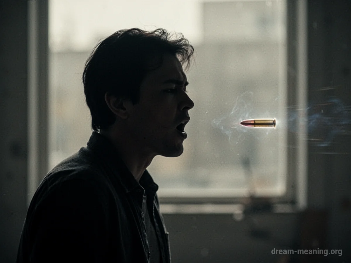 Silhouette of a person with a faint bullet outline approaching them.