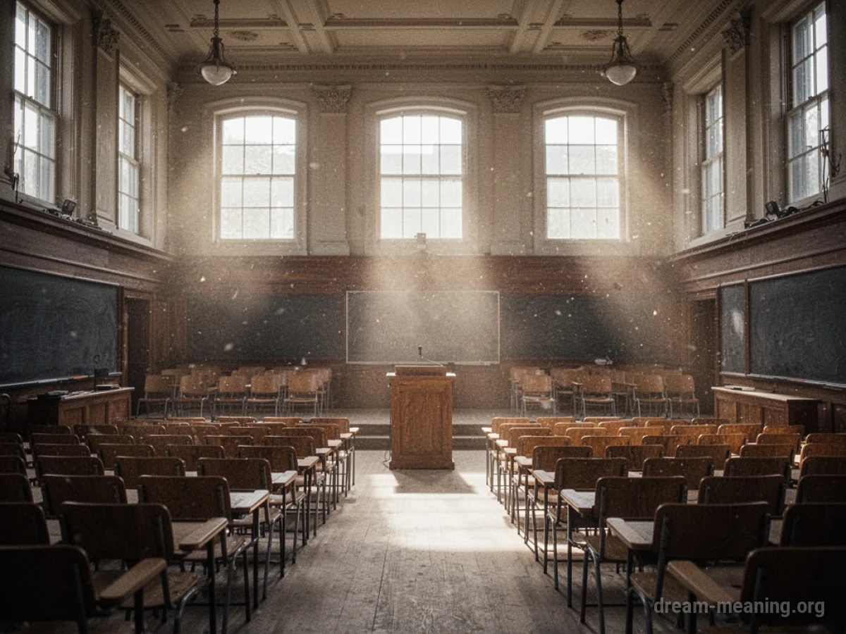 An empty lecture hall with rows of chairs and a podium.