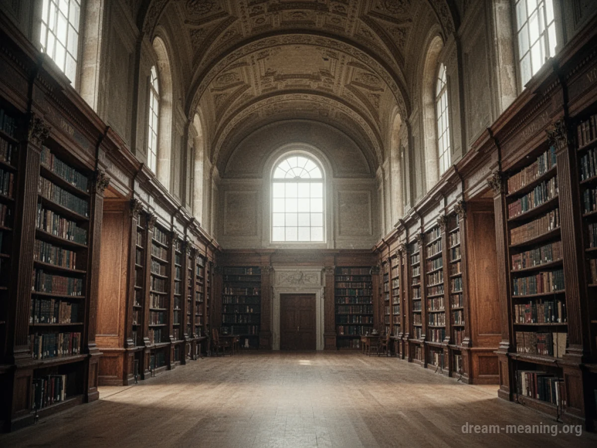 A vast, empty library with rows of tall bookshelves and natural light.