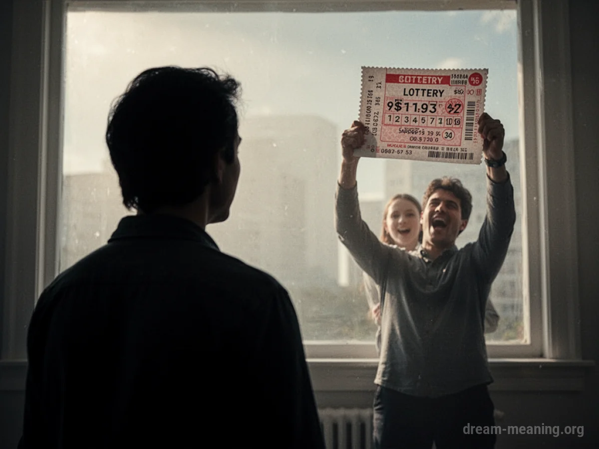 A person watches another person celebrate holding a winning lottery ticket.