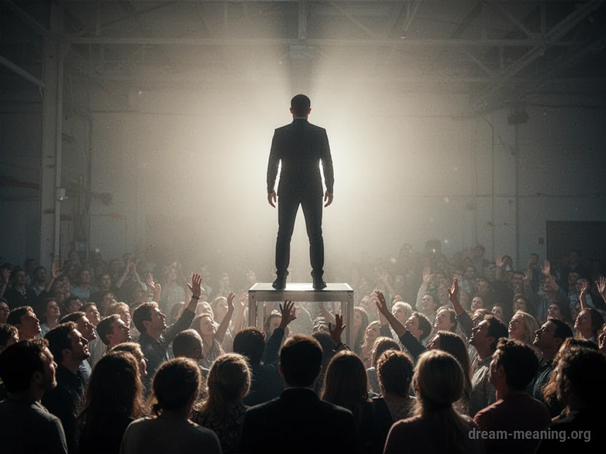 Silhouette of a person on a raised platform facing a crowd.