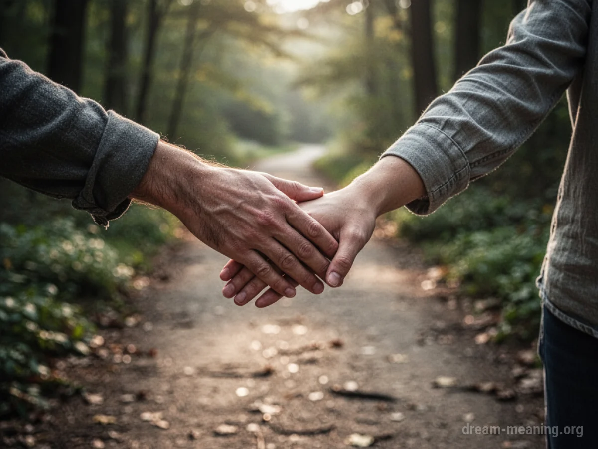 A hand guiding another hand forward on a path.