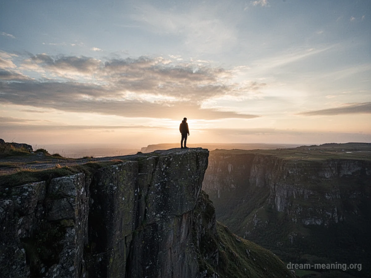 Silhouette of a person at the edge of a cliff overlooking a vast expanse.