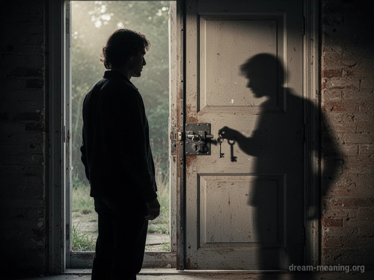 Silhouette of a person outside a locked door with a shadowy figure holding a key on the other side.