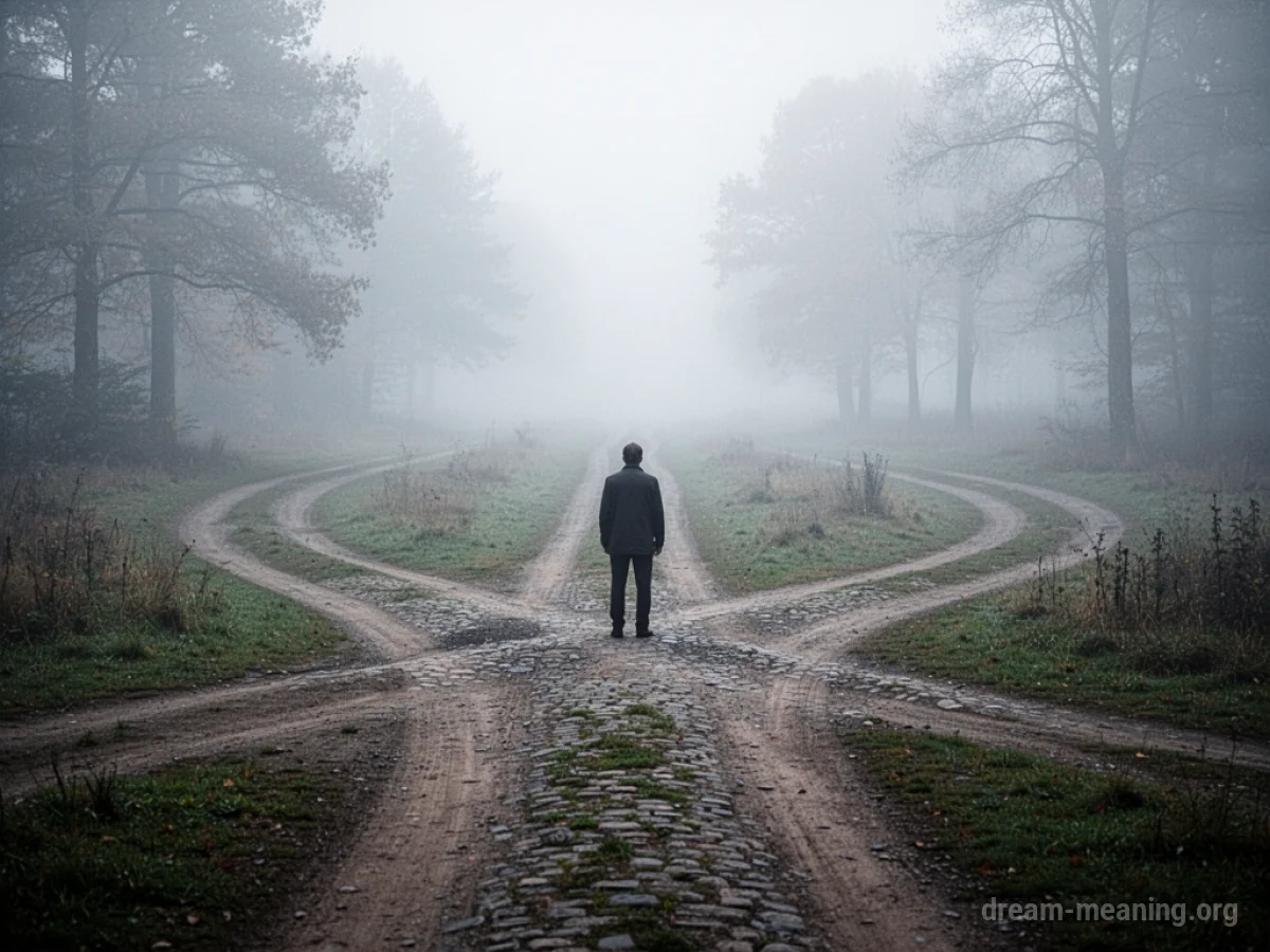 A person standing at a fork in a path leading into fog.