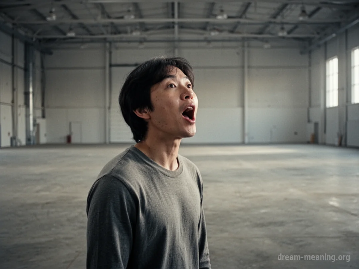 A person stands alone in a large, empty room with their mouth open.