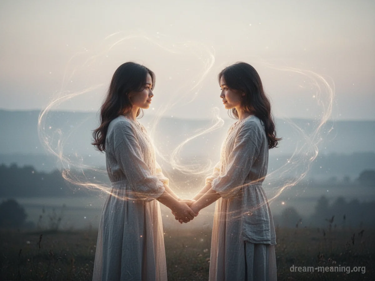 Two silhouetted figures holding hands with a soft light around them.
