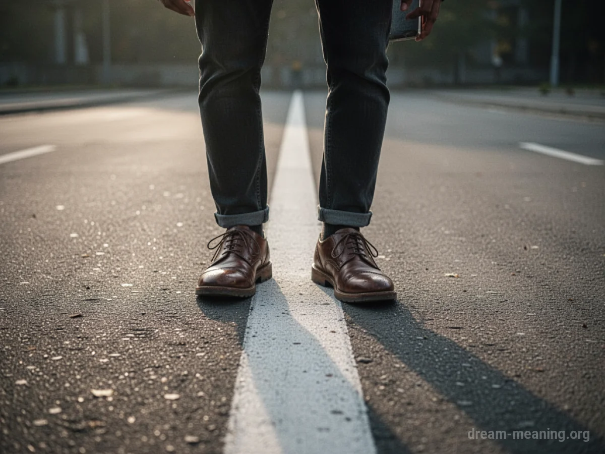 A person's feet standing on a white line painted on a grey surface.