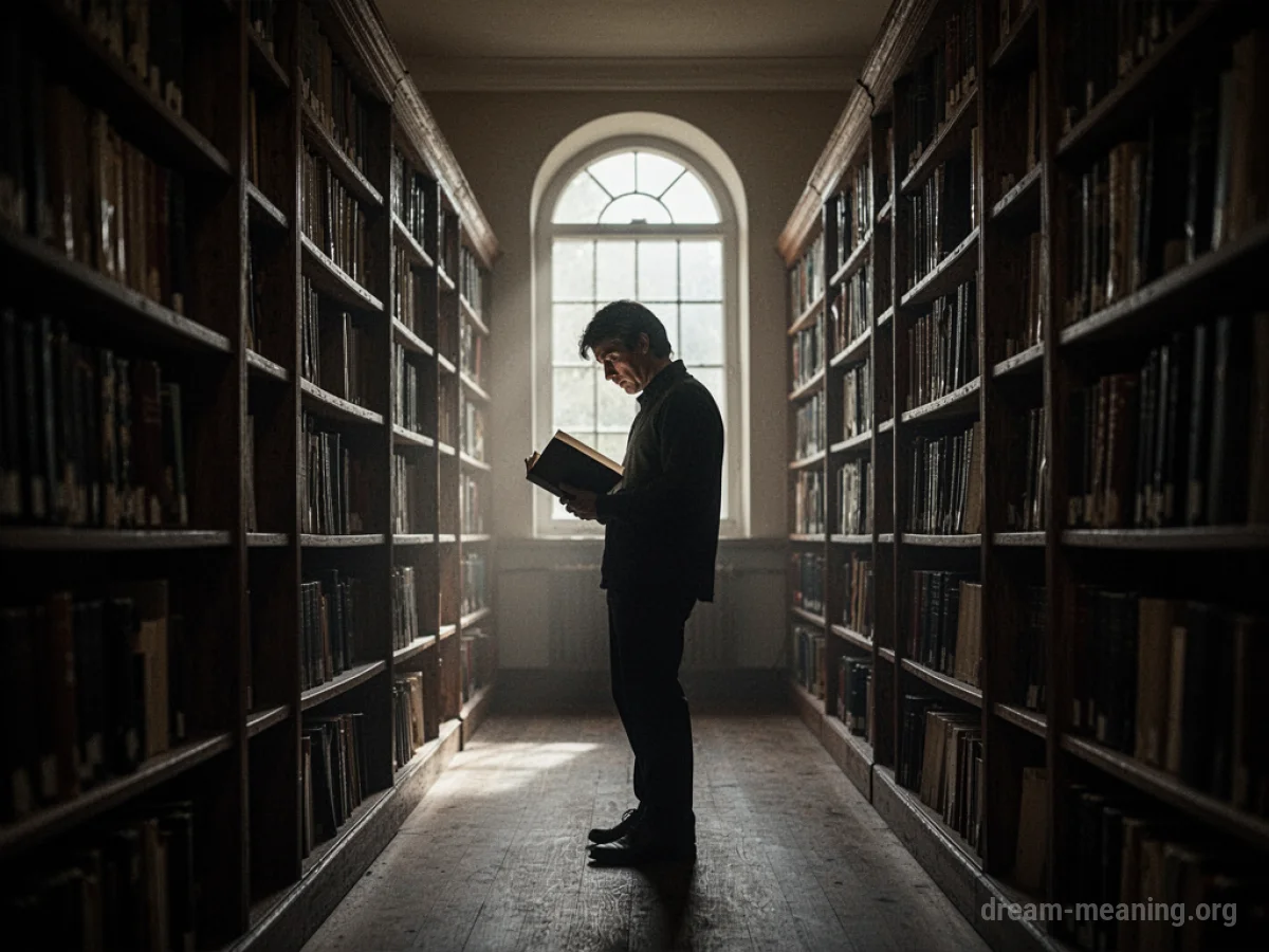 Silhouette of a person holding a book in a library aisle.