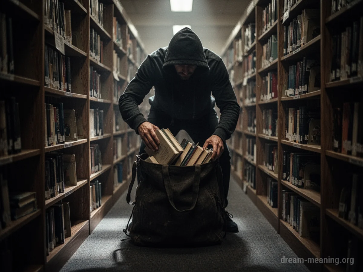 A person's hands quickly placing books into a bag in a library.