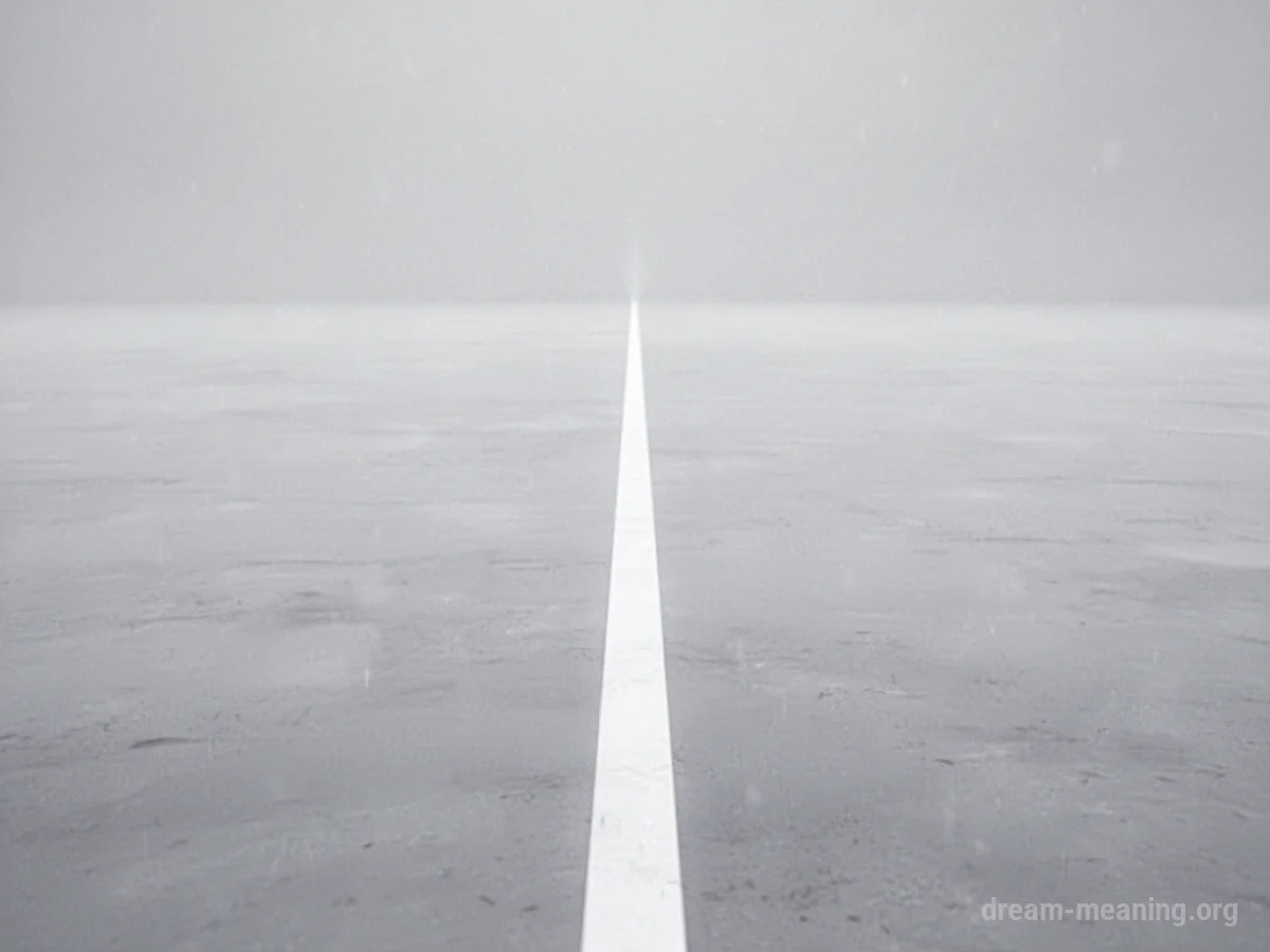 A single white line stretches into a blank, grey expanse.