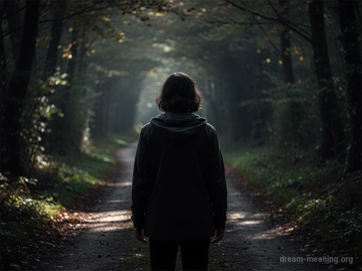 A silhouette of a person standing on a path shrouded in shadow.
