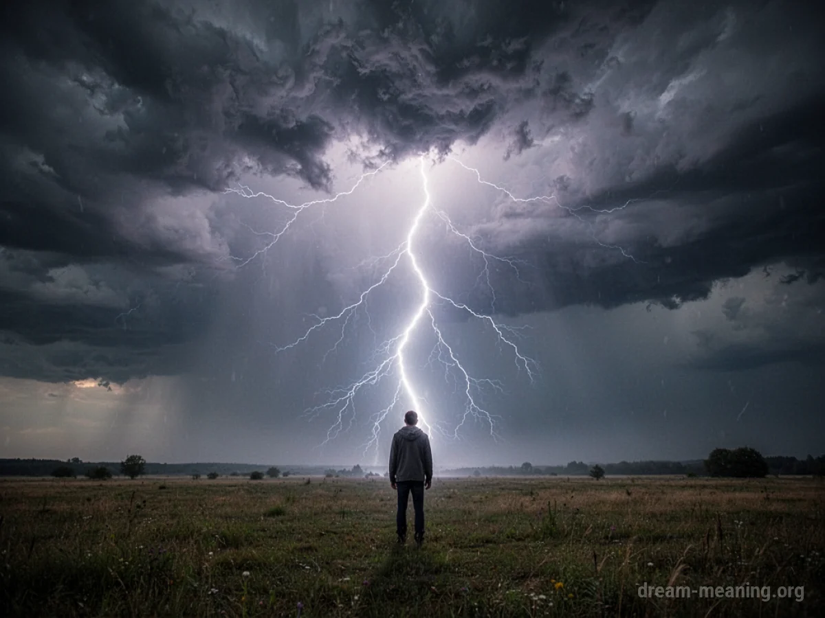 A single person standing in an open field during a lightning storm.
