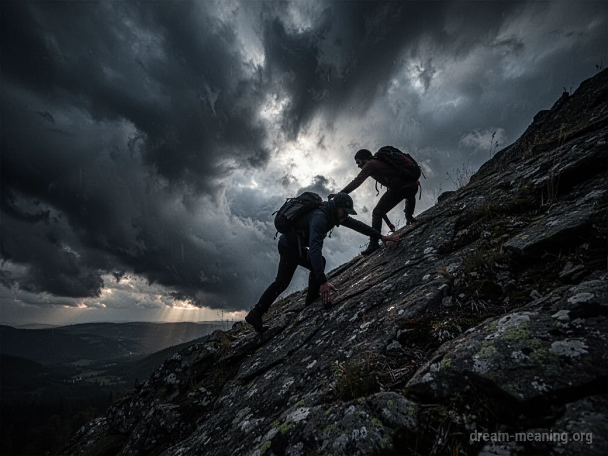 Silhouette of a person climbing a difficult mountain path under a stormy sky.