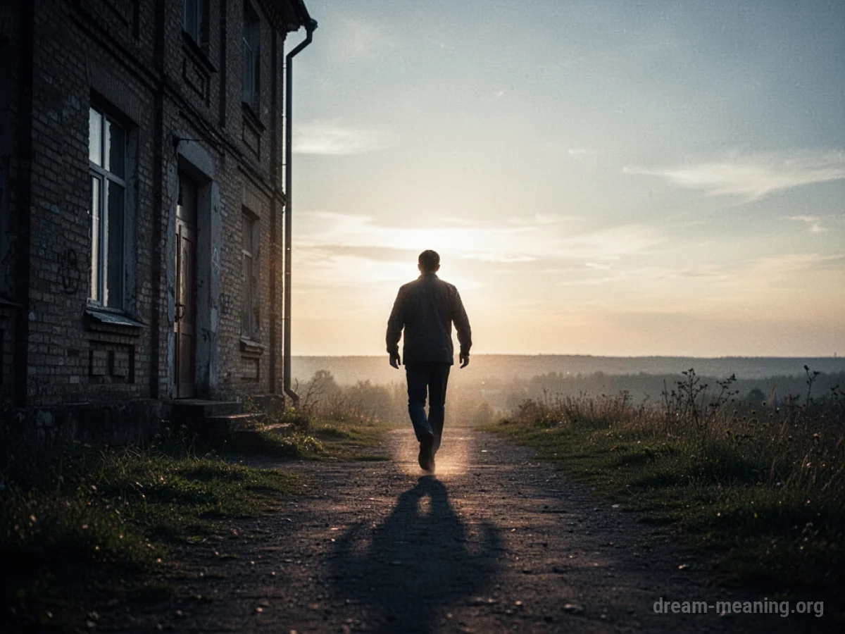 Silhouette of a person walking away from a dark building into daylight.