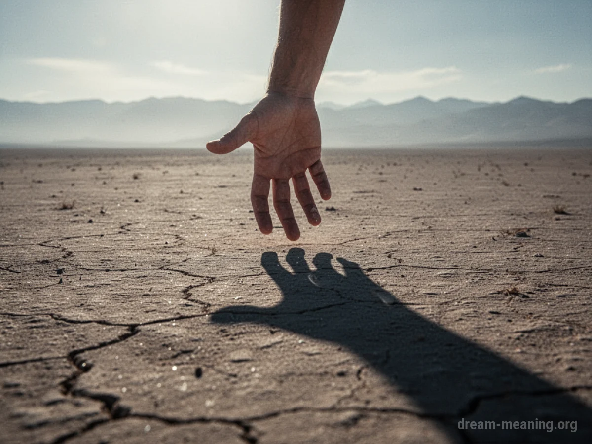A hand casting a long shadow across a barren plain.