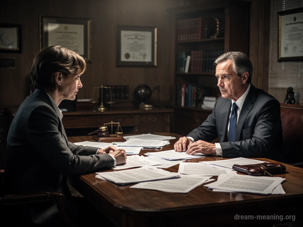 A person sits at a table opposite a lawyer in an office setting.