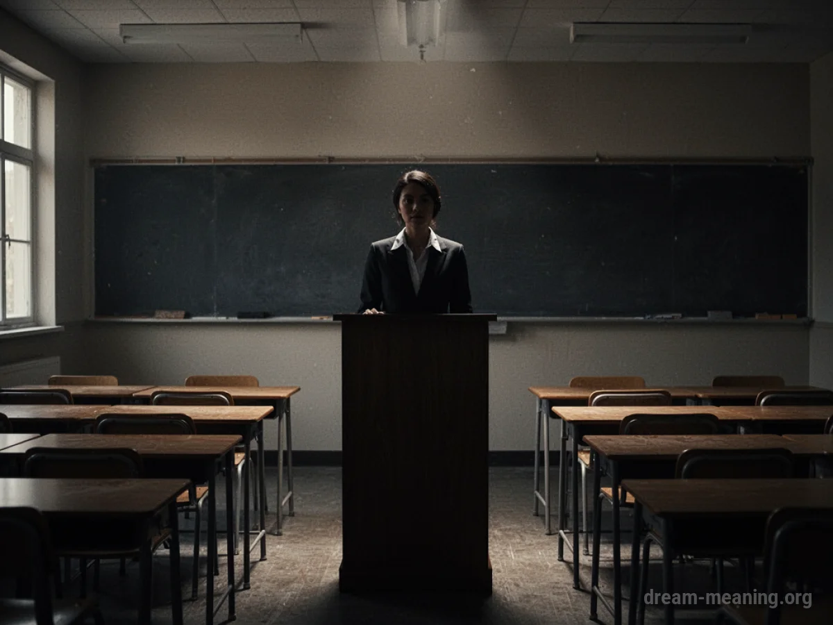 Silhouette of a teacher at a podium in a classroom.