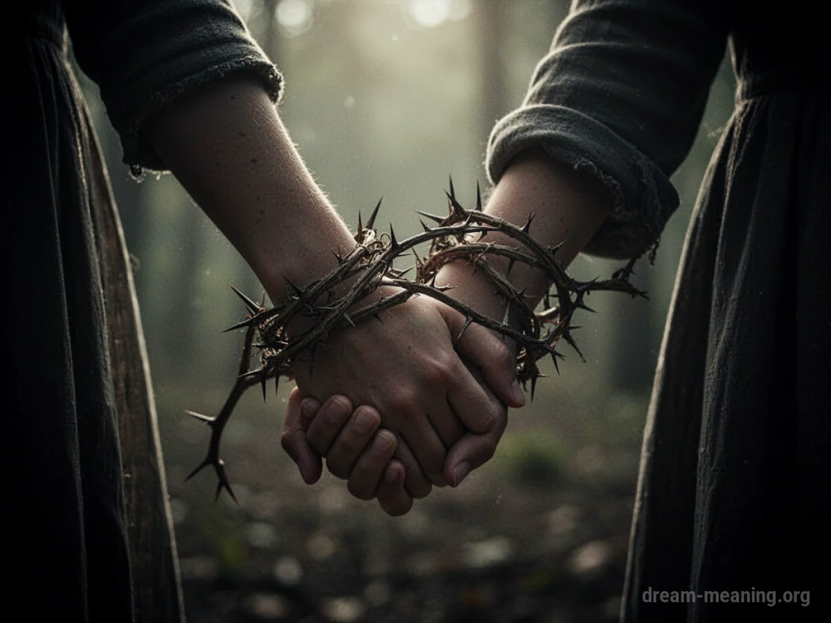 Two silhouetted figures with intertwined hands, bound by a thorny vine.
