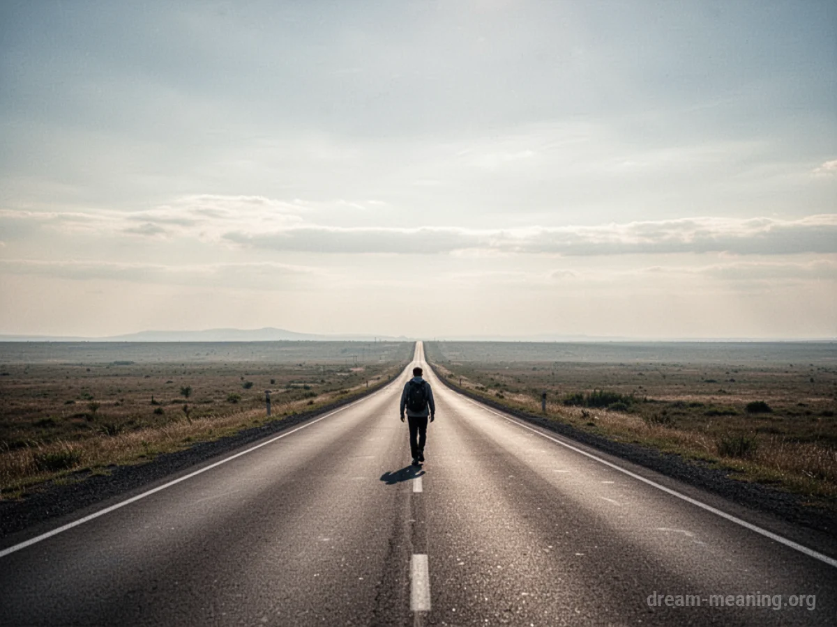 A lone person walking down an empty road.