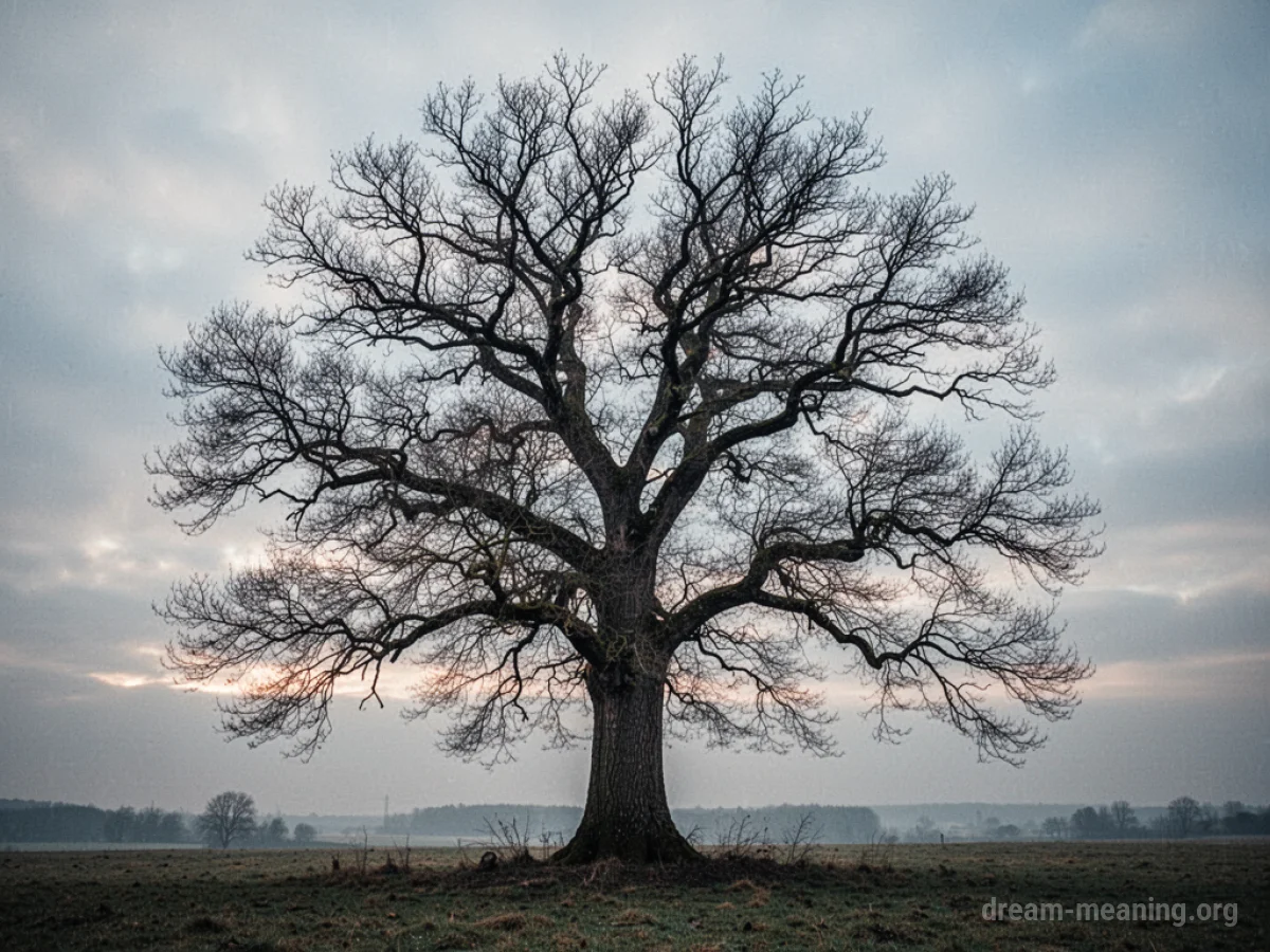 A solitary, leafless tree standing against a pale sky.