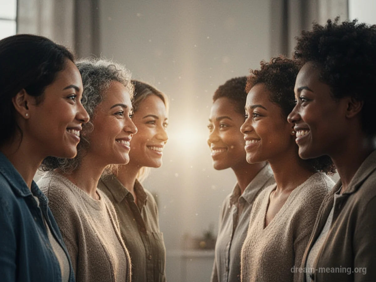 Diverse people smiling at each other with light connecting them.