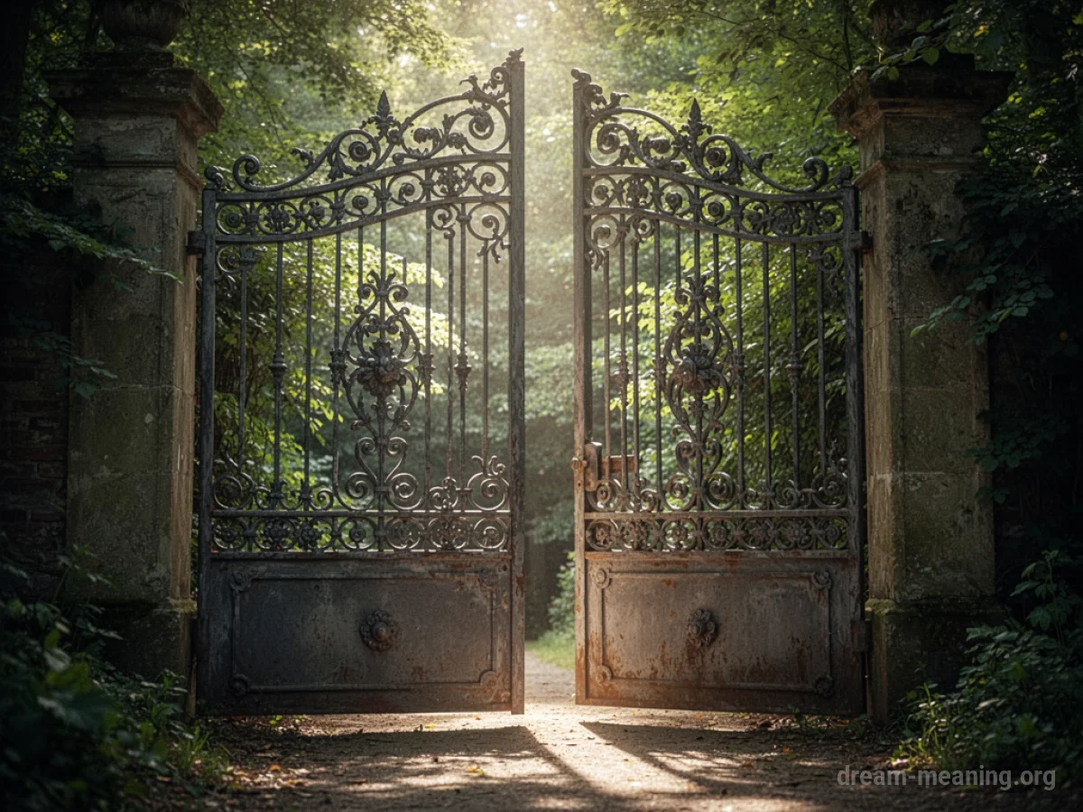 A slightly open ornate metal gate with sunlight coming through.