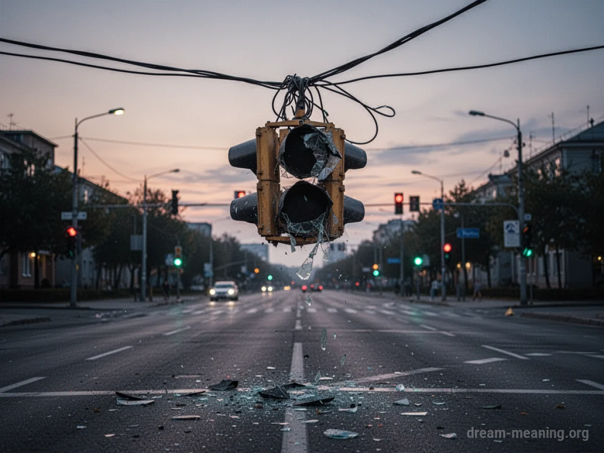 A broken traffic light dangling over an intersection.