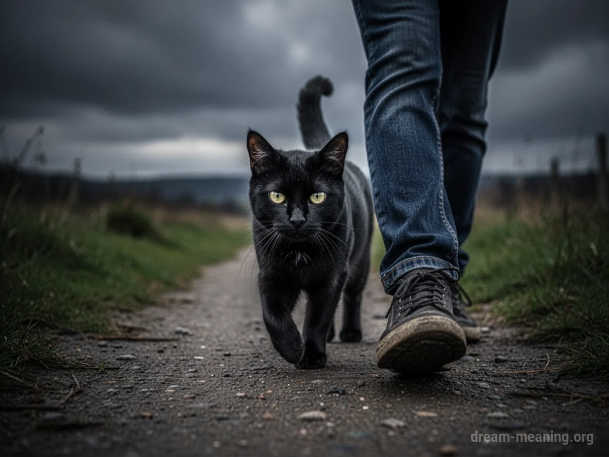 A black cat walking across a path.