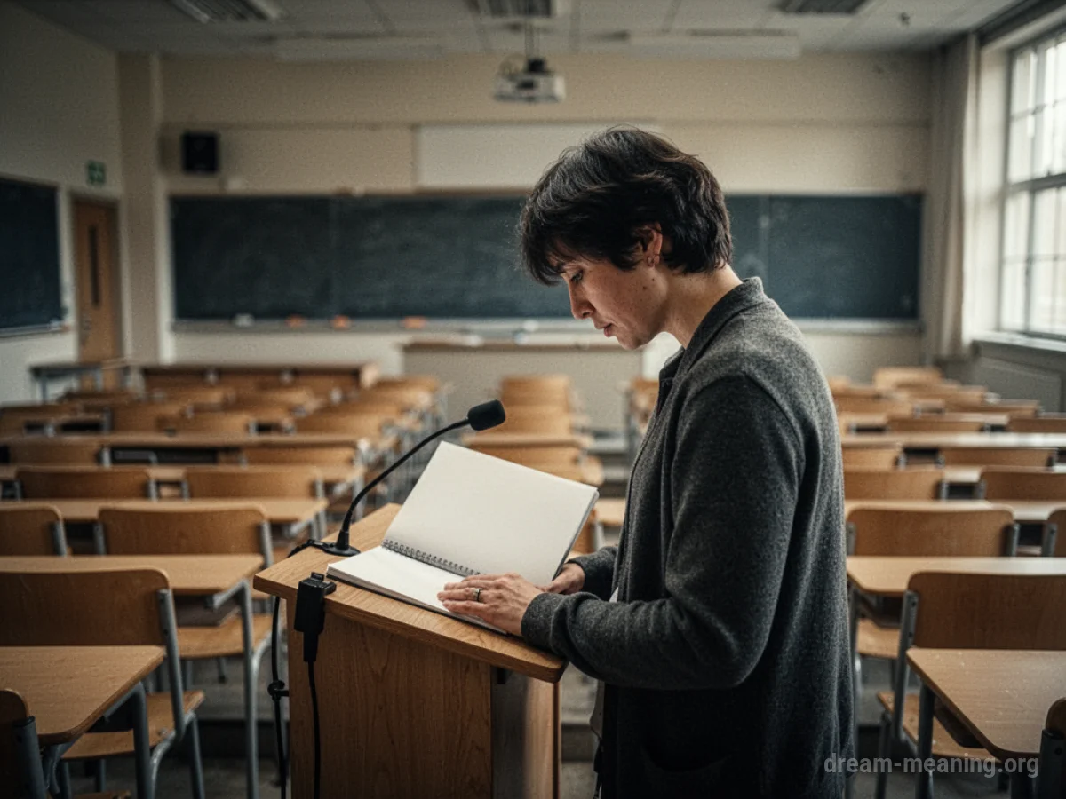 Person at a podium with blank notes in an empty lecture hall.