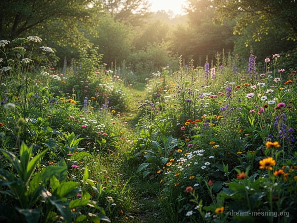 A sunlit meadow teeming with varied colorful flowers and green foliage.
