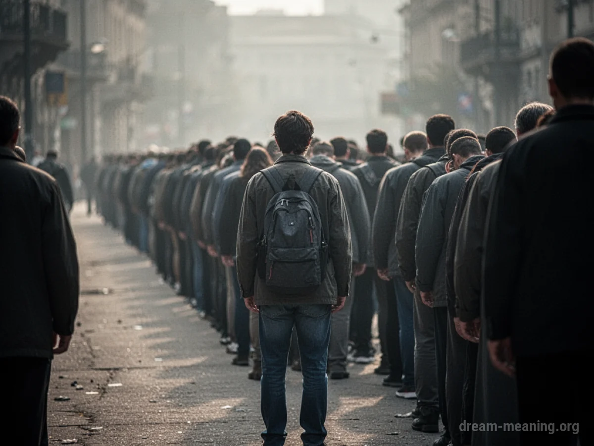A silhouette of a person at the front of a long queue.