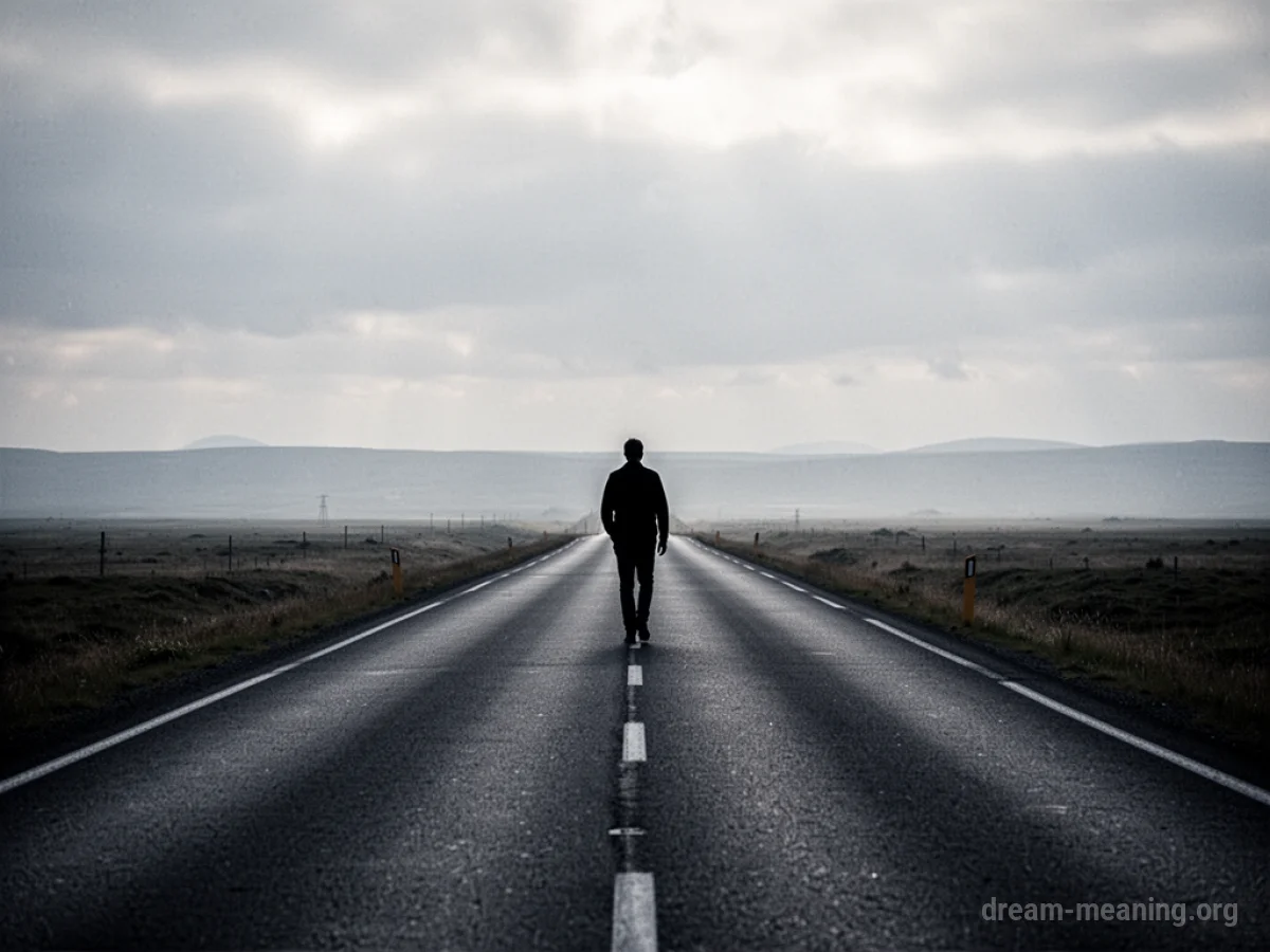 A lone silhouette walking on a long, empty road under a cloudy sky.