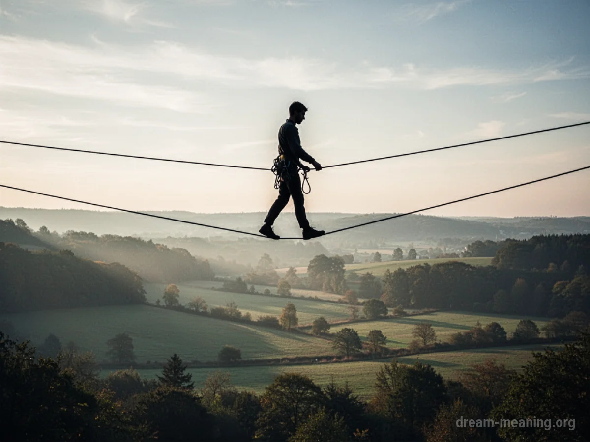 Silhouette of a person walking on a thin line against a sky background.