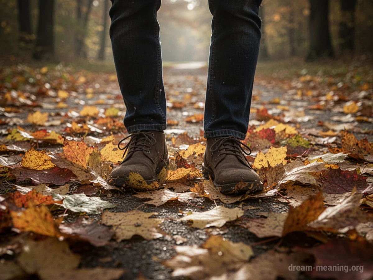 Feet walking on a path covered in fallen autumn leaves.