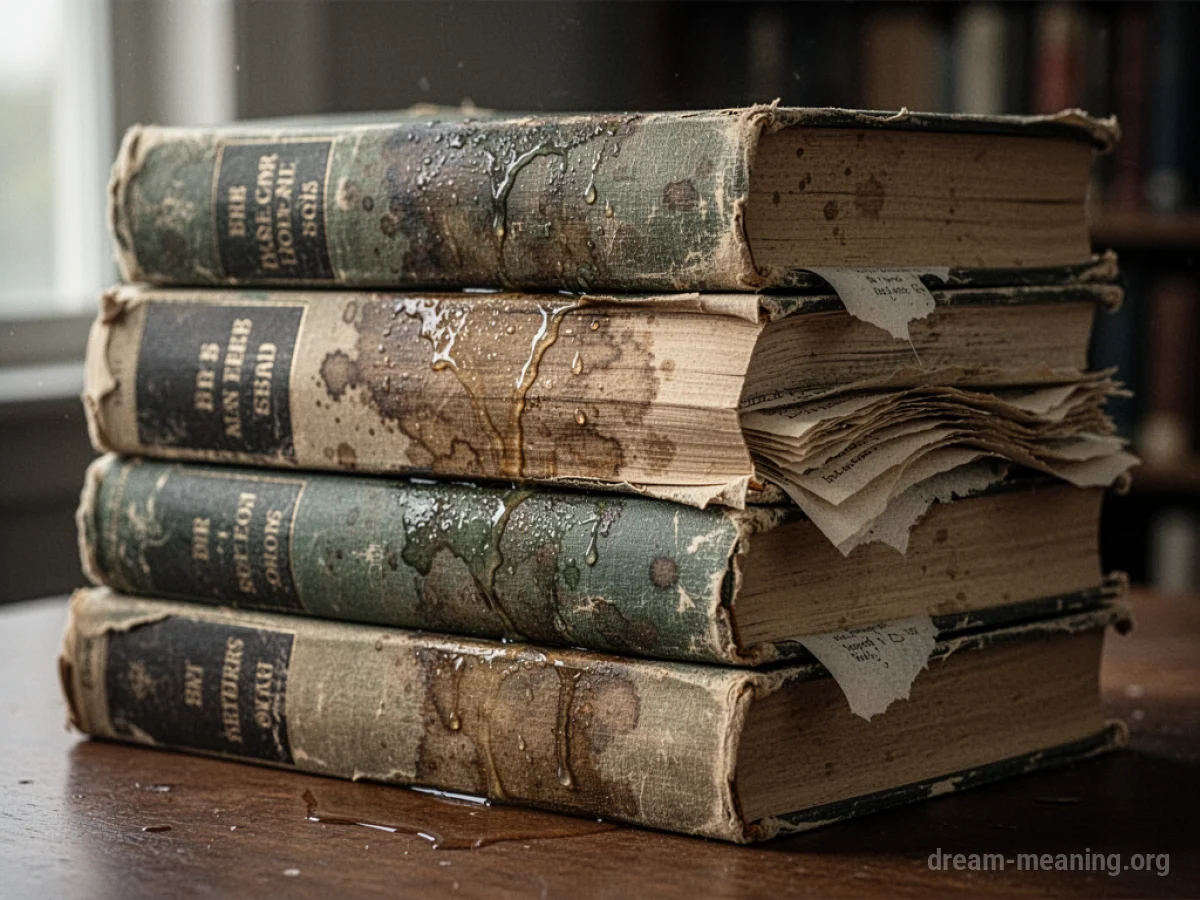 A pile of old books with dark water stains on their covers and pages.