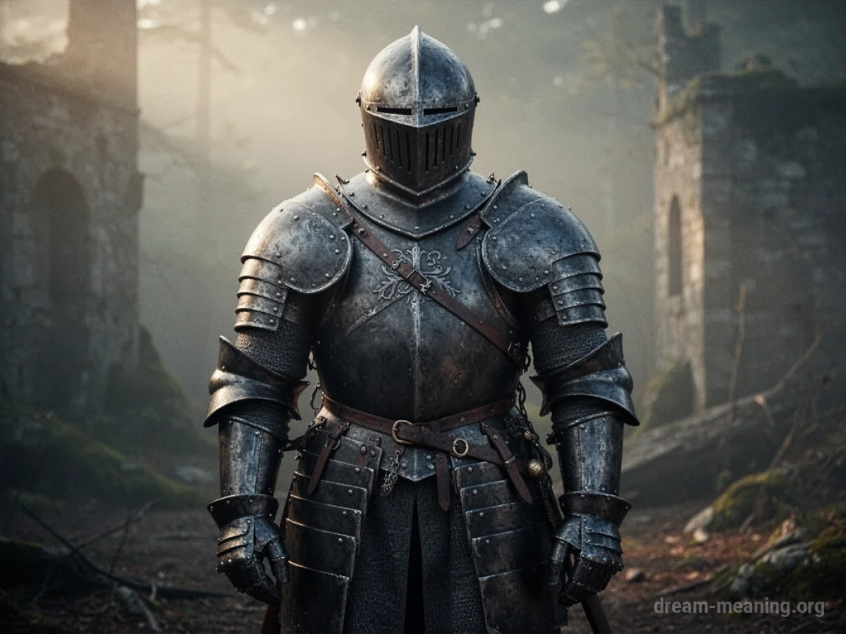 A person wearing a full suit of heavy, dark metal armor.