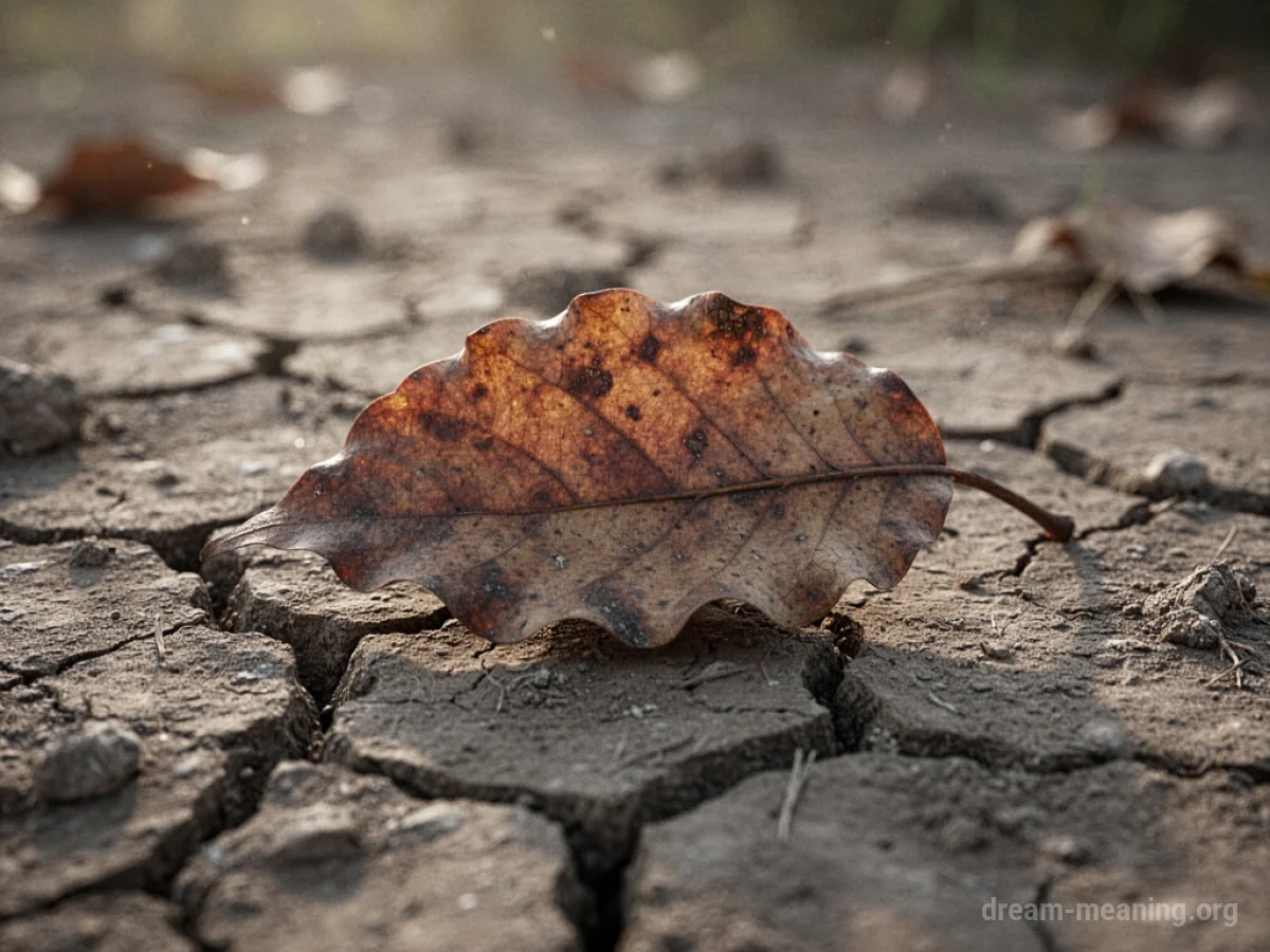 A dried, browning leaf on cracked earth.